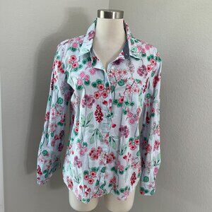 Tommy Hilfiger Womens Large Floral Button Up Shirt Stripe Roll Tab Sleeve Blouse